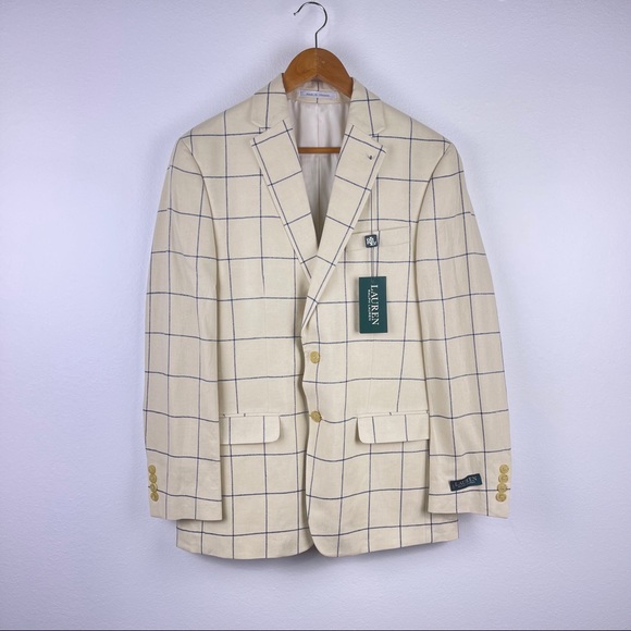 Lauren Ralph Lauren Cream Check Plaid Linen Blazer